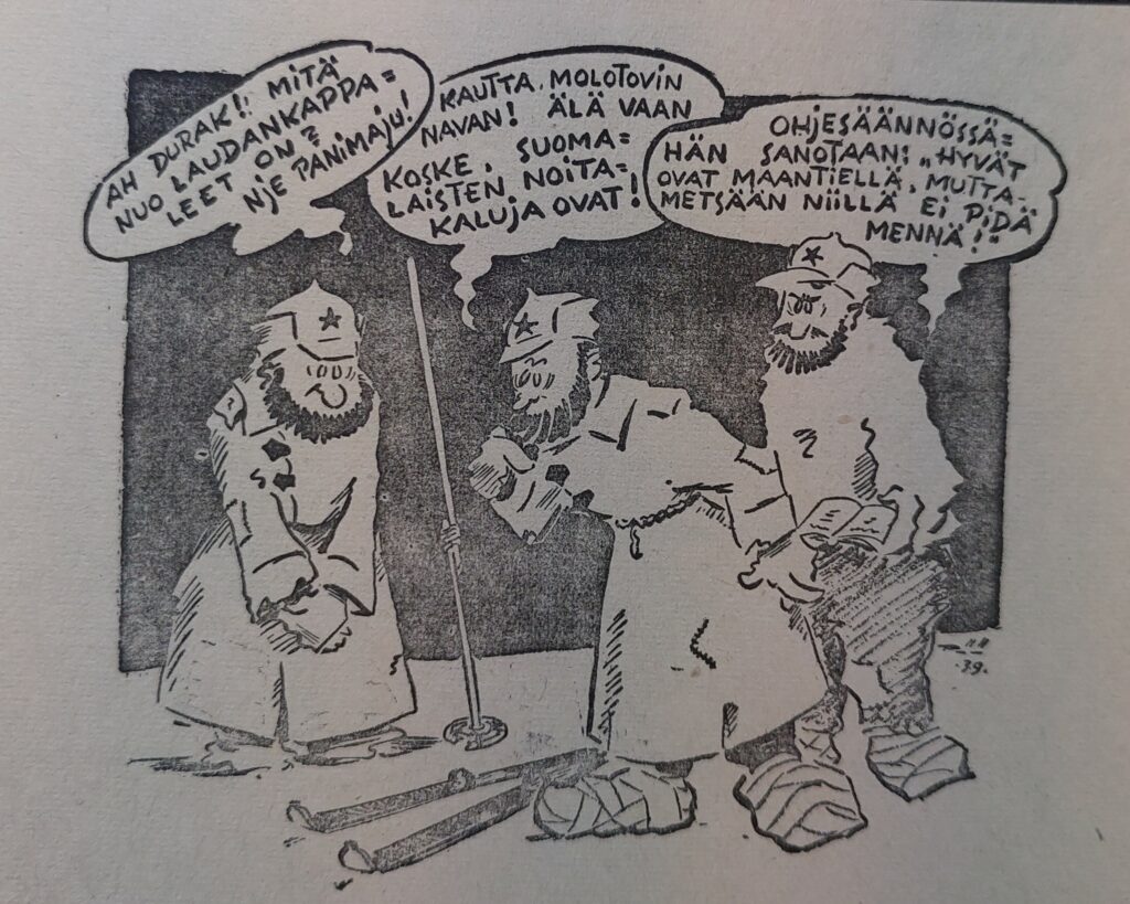 Neuvostosotilaiden huonoille varusteille irvaileva pilapiirros.