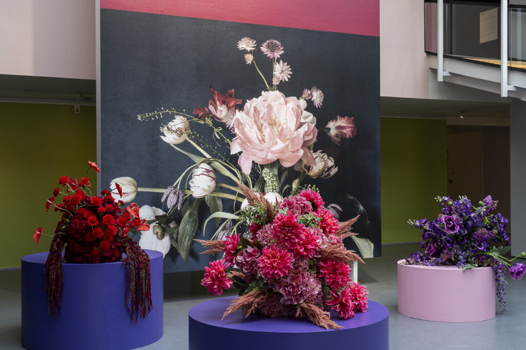 Näyttelysalissa isoja kukka-astelmia.